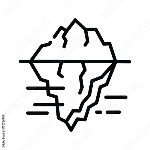 An iceberg is depicted partially submerged in water with visible jagged edges