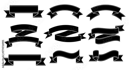 Elegant black ribbon banner set for product promotion, website design, or graphic elements with clean, modern style