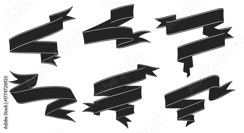 Elegant black ribbon banners for professional graphic design projects, perfect for announcements and stylish promotions