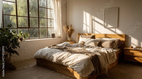 Cozy and Bright Bedroom with Large Window, Wooden Bed, Soft Bedding, Green Plants and Natural Light in a Modern Aesthetic Setting