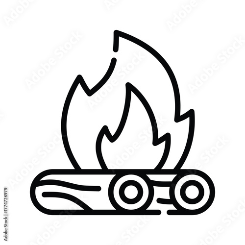 An outlined illustration of a campfire Flames rise above two logs each with a central circle and curved lines