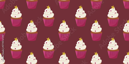 Seamless Christmas cupcakes pattern on burgundy. Flat design of festive muffins with cream frosting repeating background. Vector illustration for menu, package, social media