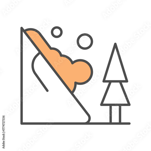 Depicts an avalanche cascading down a mountain with two visible snowballs next to a coniferous tree using simple outlined graphics