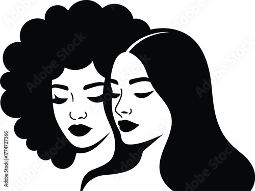Black and white portrait of two women with different hair styles