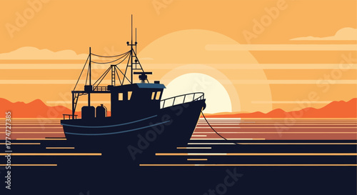 Silhouette of a fishing trawler boat at sea during a vibrant orange sunset with calm water