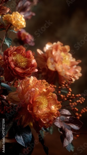 Wallpaper Mural Floral Still Life: Close-Up of Vibrant Orange and Yellow Flowers in a Dark, Moody Setting Torontodigital.ca