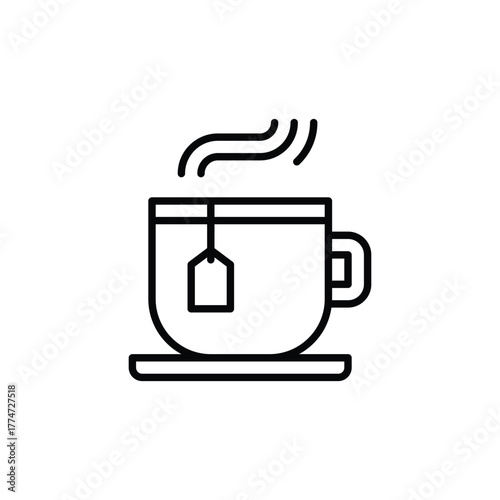 Lined illustration depicts teacup saucer bag  steam lines