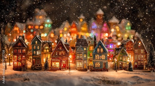 Charming miniature christmas village scene with snow falling and warm glowing lights