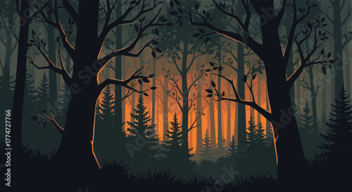 Mysterious dark forest with glowing orange light filtering through the trees at dusk