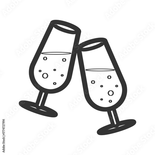 Two champagne flutes clinking Each has liquid and bubbles
