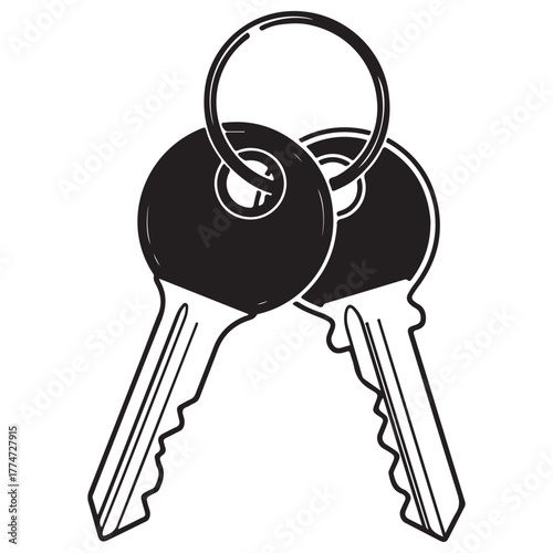 Monochrome Vector Illustration of Two Keys on a Circular Keyring