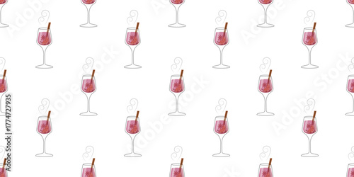 Seamless mulled wine glasses pattern on white. Flat design of Сhristmas hot drink with spices repeating background. Winter vector illustration for banners, social media, cards