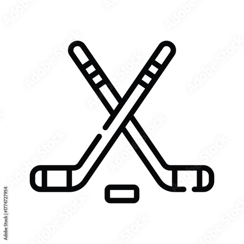 Two crossed hockey sticks with a puck are shown in a line drawing