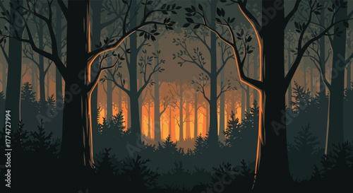 Mysterious dark forest with glowing orange sunset light filtering through trees
