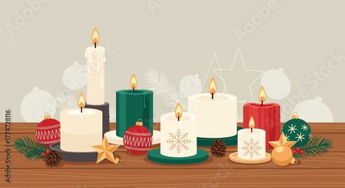 Festive christmas candles and ornaments arranged on a wooden table with a soft background