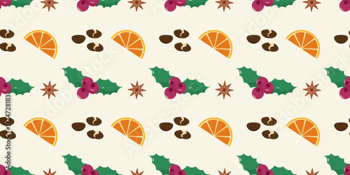 Seamless winter ingredients pattern on beige. Flat design with berries, orange slices, chestnuts and anise repeating. Christmas vector illustration for menu, banners, cards