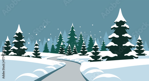 A winding snowy path leads through a dense evergreen forest on a cold winter day