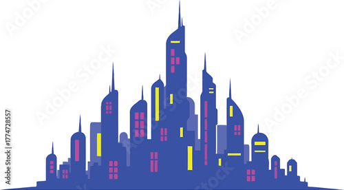 Modern city skyline at night neon lights