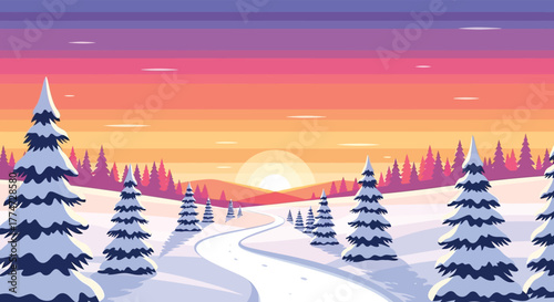 Pixel art winter landscape with snow covered trees and a vibrant sunset sky