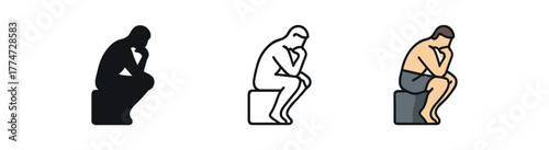 philosopher thinking pose icon on white background Black silhouette flat icon outline icon and colored icon style three minimal vector icon style