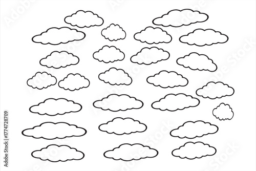 The image is a black and white line drawing of a scattered collection of cartoon-like clouds. They vary in size and shape, from small puffy clouds to larger, more spread-out formations. The clouds are