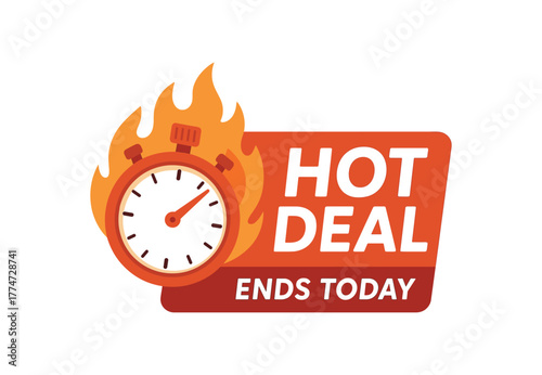 Flat vector banner design stopwatch and flame combination text HOT DEAL subtext ENDS TODAY orangered rectangular layout