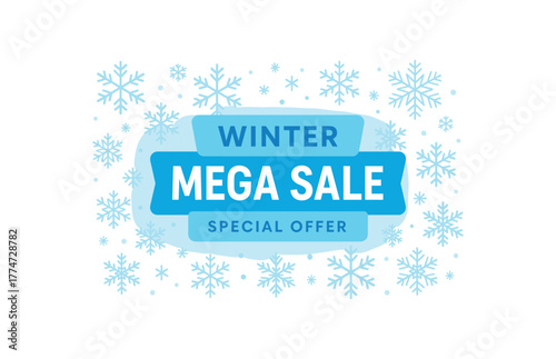 Flat vector banner design snowflakes overlay text WINTER MEGA SALE subtext SPECIAL OFFER light blue gradient