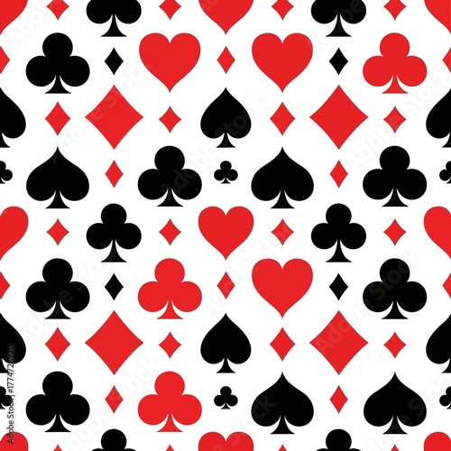 Vibrant seamless pattern of red and black playing card suits on a clean white background, perfect for casino themes and gaming.