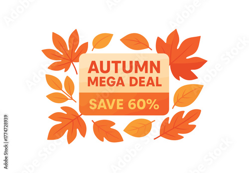 Flat vector banner design orange and red leaf shapes text AUTUMN MEGA DEAL subtext SAVE 60% warm gradient palette