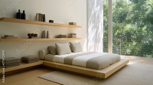 Minimalist bedroom with natural light, wooden furniture, neutral tones, and serene ambiance overlooking a green landscape