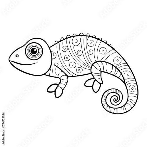 A detailed chameleon in zentangle style, filled with intricate patterns and swirls, ready to color and bring its unique textures and shapes to life.
