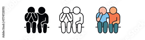 supporting friend empathy icon on white background Black silhouette flat icon outline icon and colored icon style three minimal vector icon style