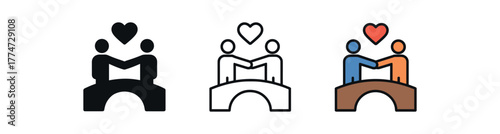 relationship empathy bridge icon on white background Black silhouette flat icon outline icon and colored icon style three minimal vector icon style