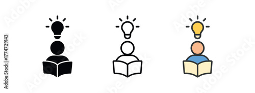 learning new skill icon on white background Black silhouette flat icon outline icon and colored icon style three minimal vector icon style