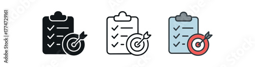 goal setting checklist icon on white background Black silhouette flat icon outline icon and colored icon style three minimal vector icon style