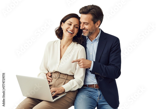 happy couple using laptop