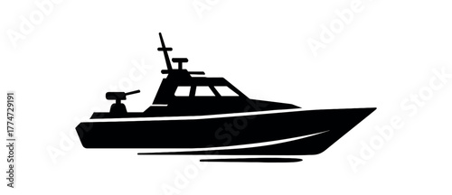 fast patrol boat flat black solid vector illustration isolated on white background