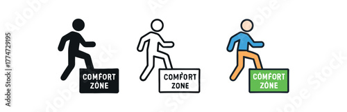 stepping comfort zone icon on white background Black silhouette flat icon outline icon and colored icon style three minimal vector icon style