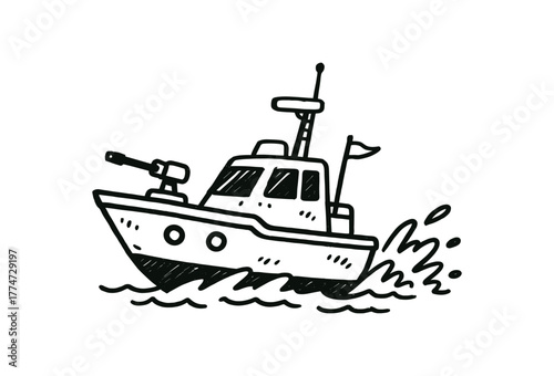 handdrawn cute doodle style fast patrol boat vector line illustration