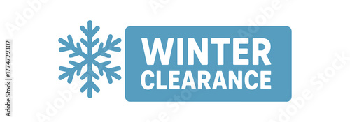 Flat vector banner design icon of snowflake beside bold text WINTER CLEARANCE cool blue rectangle with light shadow
