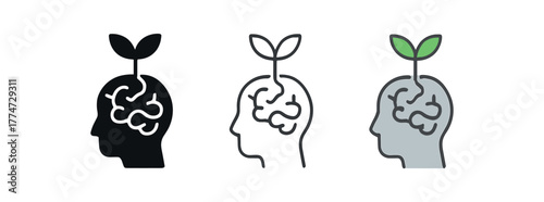 growth mindset brain leaves icon on white background Black silhouette flat icon outline icon and colored icon style three minimal vector icon