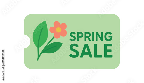 Flat vector banner design icon of leaf and flower near text SPRING SALE green pastel coupon