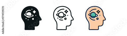 mind and universe connection icon on white background Black silhouette flat icon outline icon and colored icon style three minimal vector icon style