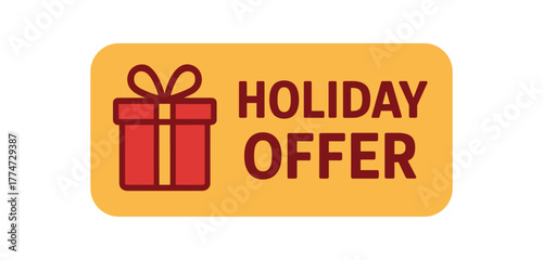 Flat vector banner design icon of gift box with ribbon near text HOLIDAY OFFER gold and red flat coupon