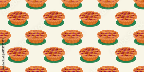 Seamless festive fruit pie pattern on beige. Flat design of Christmas dessert with lattice crust repeating background. Winter vector illustration for banners, menu, package