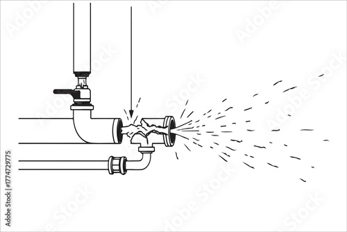 Burst pipe leaking water illustration of plumbing emergency and damage