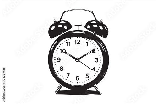 Classic Alarm Clock Illustration Black and White Vector Graphic Design