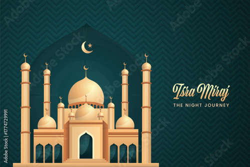 Elegant Isra Miraj design Golden mosque silhouette with crescent moon and star against a rich teal patterned background. Perfect for festival sales, advertisements and social media