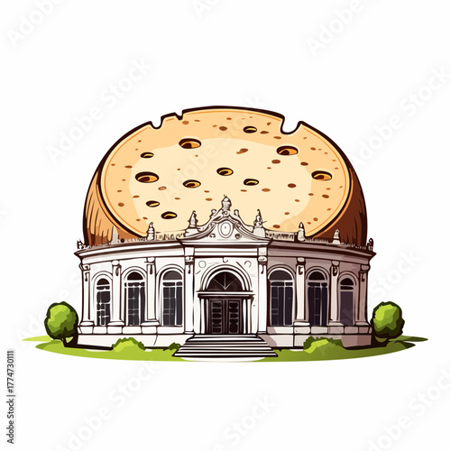 Whimsical cartoon illustration of a building topped with a cheese element