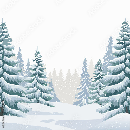 Winter forest scene with snow covered evergreen trees and snowfall